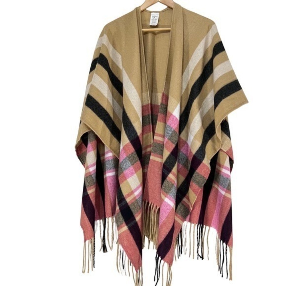 Woolrich Classic Plaid Poncho Neutral-tone Oatmeal Boho Hippie Fringe Soft Cozy - Picture 1 of 7